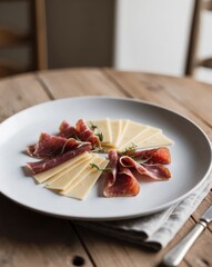 Dish with sliced cheese and meat on the table