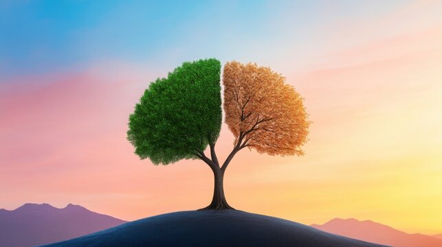 A tree with two different types of foliage merging into one trunk, symbolizing unity 