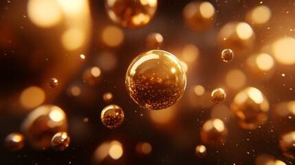 Golden spheres float in a dark amber background