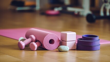 Pink yoga mat is on the floor with a pair of dumbbells and a few other items