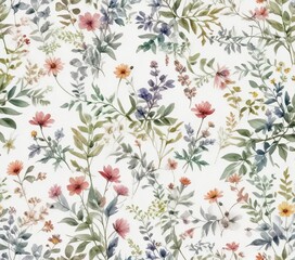 Dreamy watercolor wildflowers and leafy branches on seamless white background motif, whimsical, elegant, botanical design, delicate blooms, soft colors