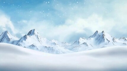 Majestic snow-covered mountains under a cloudy sky, with snowflakes gently falling in the foreground