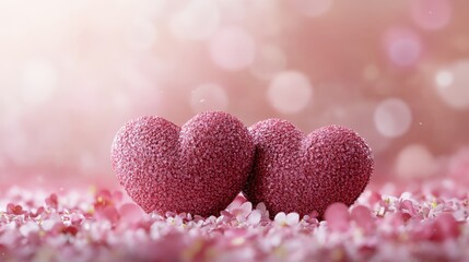 Fototapeta premium Romantic pink hearts surrounded by delicate flower petals and soft bokeh in the background perfect for love, affection, and relationship themes