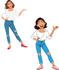 Two young women showing and presenting something with open hand palm