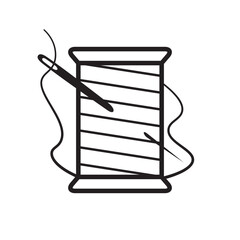 Spool of thread, needle with thread, sewing icon, black and white, outline vector, embroidery tool.
