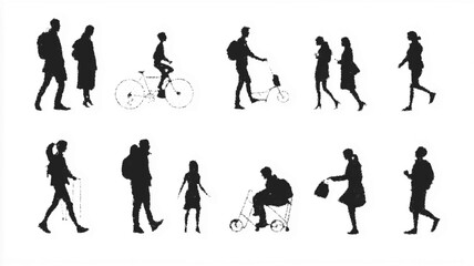 People silhouettes in urban settings, engaging in various outdoor activities. Vector icon