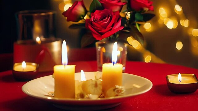 Intimate scene featuring glowing candles alongside red roses in a vase, evoking warmth and romance.