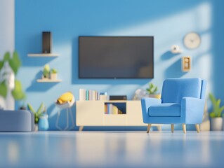 A modern living room featuring a blue chair, TV, shelves, and plants for a cozy atmosphere.