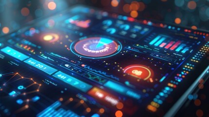 Fototapeta premium vibrant display of data visualization dark interface, illuminated by glowing charts, graphs,