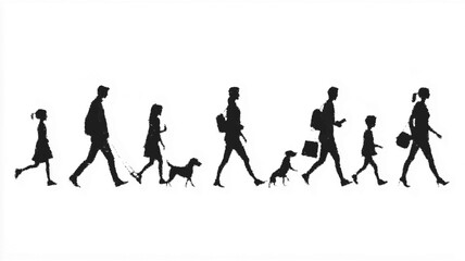 People walking with pets and children in an urban setting. Vector icon