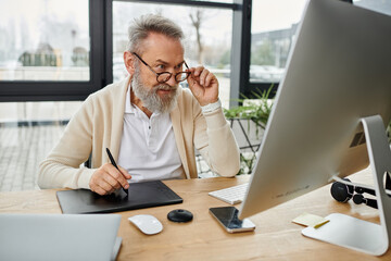 A mature handsome man is focused on his tasks at a sleek workspace with natural light.