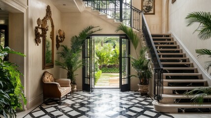 Fototapeta premium Elegant entryway with grand staircase, tiled floor, and lush plants.