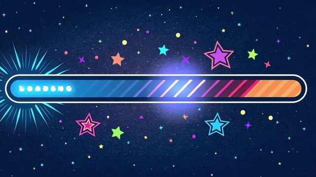 Cosmic Journey A loading bar styled with deep cosmic blues and ling starry pixilation filling it from left to right suggesting a spacethemed adventure as neon colors burst around