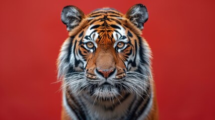 Fototapeta premium Intense Gaze: A Portrait of a Majestic Tiger Against a Vibrant Red Backdrop