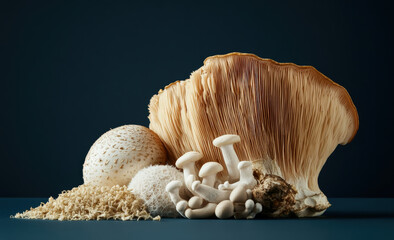 Lion's mane mushroom and REISHI, SHITAKE AND ASHWAGANDHA, isolated on a dark blue background, ultra-realistic photography