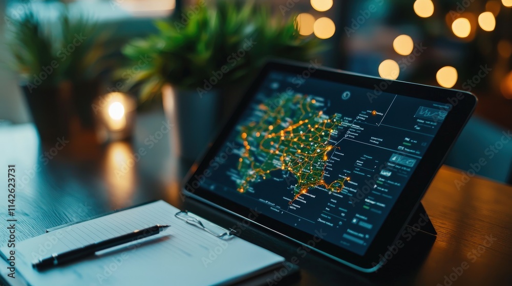 Poster A vibrant map of a state transportation system displayed on a digital tablet, styled with business notes nearby
