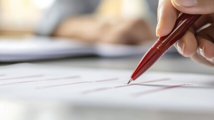 A teacher marking a report card with a red pen, with grade books and papers in the background