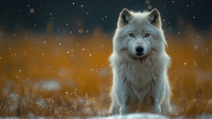Obraz premium Majestic white wolf in a snowy landscape.