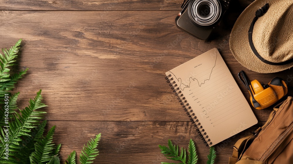Poster a state map with highlighted national parks, styled with a journal and hiking gear on the table