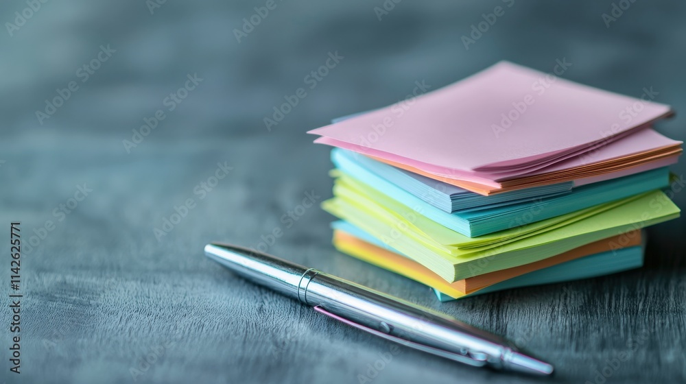 Poster A stack of colorful sticky notes in pastel shades, arranged neatly with a sharp pen beside it