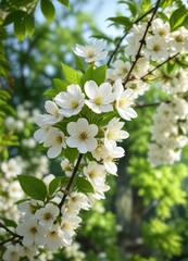 Obraz premium Fresh white cherry flowers blooming brightly against a vibrant green leafy background, plant, Botanical, macro