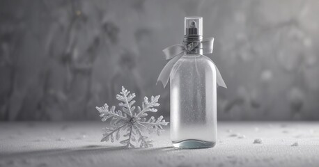 Frosted glass spray bottle adorned with miniature snowflakes and a sparkling silver bow, glass, snowflakes, decoration, frost - Powered by Adobe