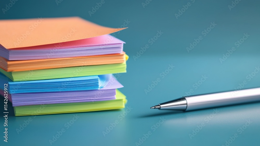Poster A stack of colorful sticky notes in pastel shades, arranged neatly with a sharp pen beside it