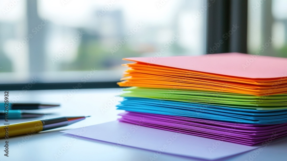 Aufkleber a stack of colorful note paper neatly arranged on a clean white desk with pens scattered nearby