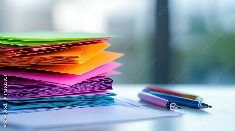 Aufkleber a stack of colorful note paper neatly arranged on a clean white desk with pens scattered nearby