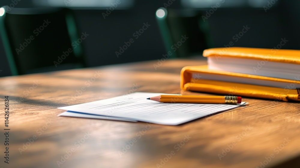 Poster A school desk with a report card partially visible under a textbook, paired with a pencil and eraser
