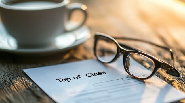 A report card marked "Top of Class" in bold, styled on a teacher desk with glasses and coffee