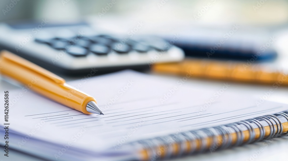 Aufkleber a report card being reviewed with a calculator and notebooks placed alongside for academic planning