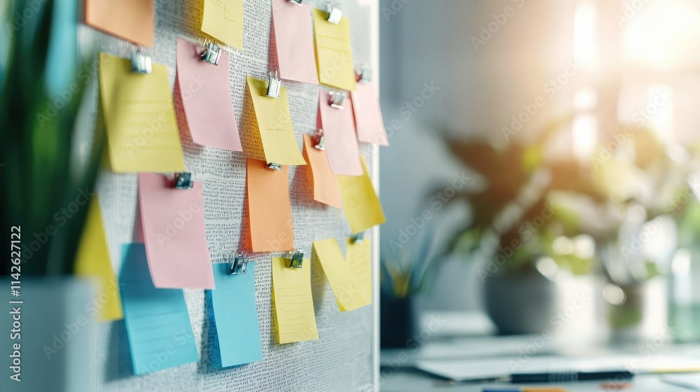 Poster a pinboard filled with colorful sticky notes and note paper, styled as a productivity inspiration bo