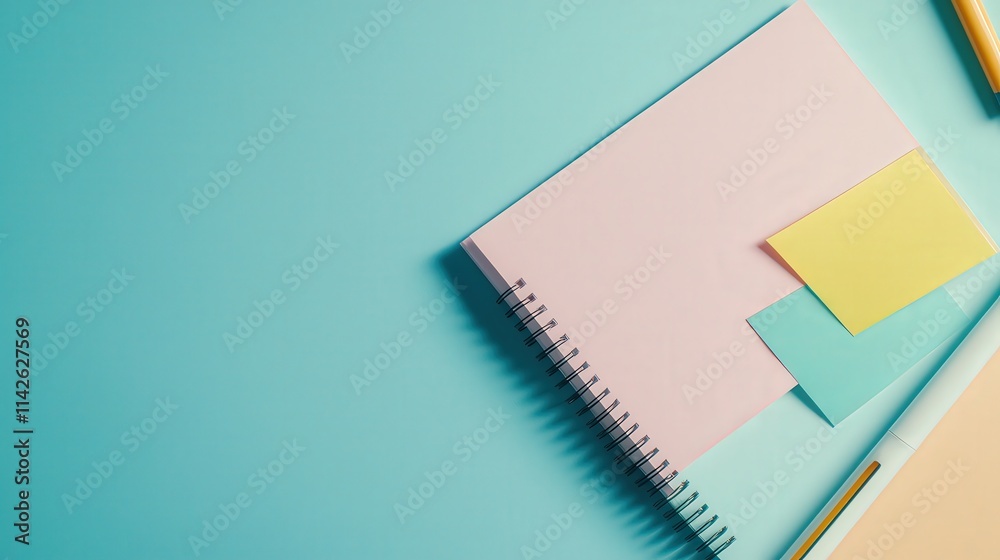 Poster a neatly arranged flat lay featuring a spiral notepad, colorful sticky notes, and a marker pen
