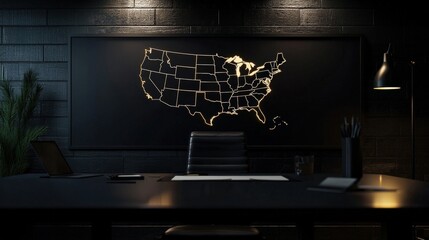 A monochrome state map styled as part of a sleek office presentation, displayed on a projector screen