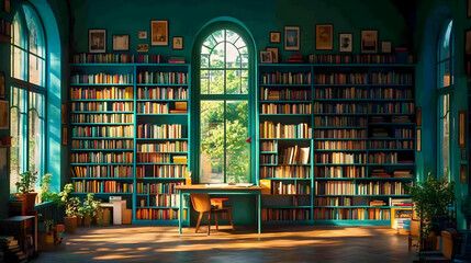 Sunlit Library Illustration: Teal Bookcases and Arch Window