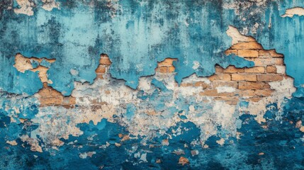 Obraz premium Weathered Blue Wall Reveals Brick Beneath