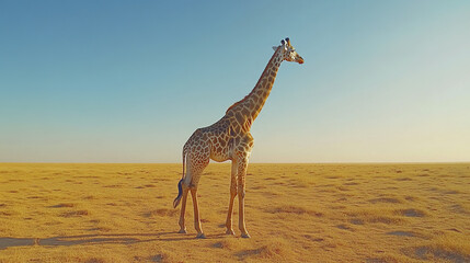 Majestic giraffe standing tall in golden savannah landscape