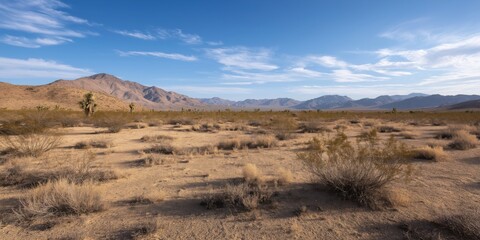 A vast desert landscape featuring rugged mountains and blue skies, portraying an arid, timeless beauty.