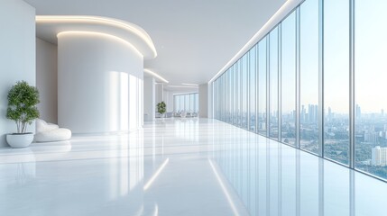 Spacious open area features sleek white surfaces, large glass windows, and beautiful cityscape views, creating a serene and contemporary atmosphere