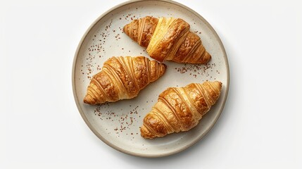 Three Freshly Baked Croissants on a Plate: A Top-Down View of Golden Brown Perfection