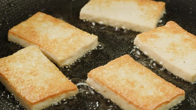 Fried tofu with sesame seeds and spices on cast iron pan, cooking japanese salad. Healthy ingredient for cooking vegan vegetarian diet food. Roasted tofu over black background.