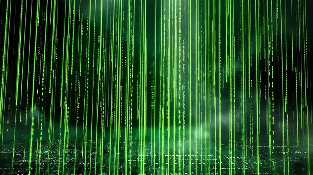 The vibrant green data streams flow downwards, creating a captivating digital landscape filled with glowing symbols against a dark backdrop, evoking a high-tech atmosphere.