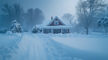 Naklejka premium Suburban home and yard buried under deep snow after an intense blizzard. cinematic.