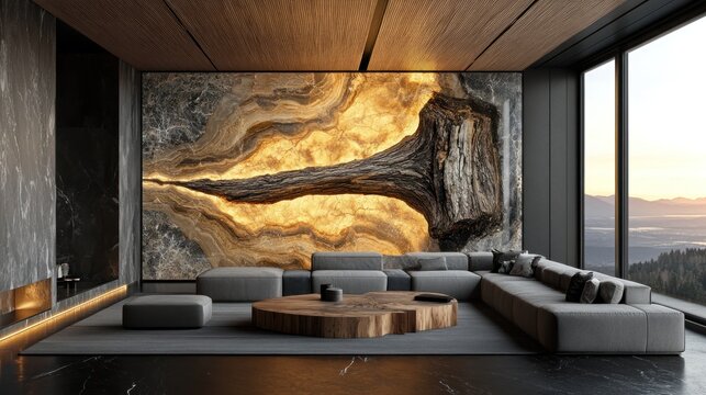 Modern living room with backlit onyx wall art, gray sectional sofa, wooden coffee table, and mountain view.