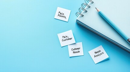 A flat lay of customer journey maps, sticky notes labeled "Pain Points," and a notebook titled "Customer Needs Analysis"
