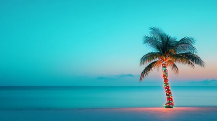 A minimalist tropical scene featuring a palm tree wrapped in colorful Christmas lights, glowing against a serene blue and white beach-inspired background 
