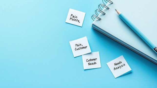 A flat lay of customer journey maps, sticky notes labeled "Pain Points," and a notebook titled "Customer Needs Analysis"