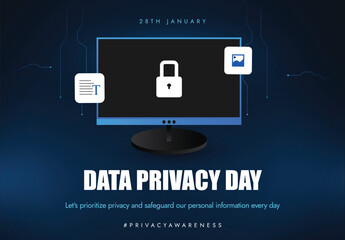 World Data Privacy Day. 28 January Data Protection Day awareness social media post with Computer security screen, Photo icon, document icon. This day is to raise awareness about data privacy