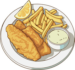 Traditional british fish and chips with tartar sauce and lemon slice